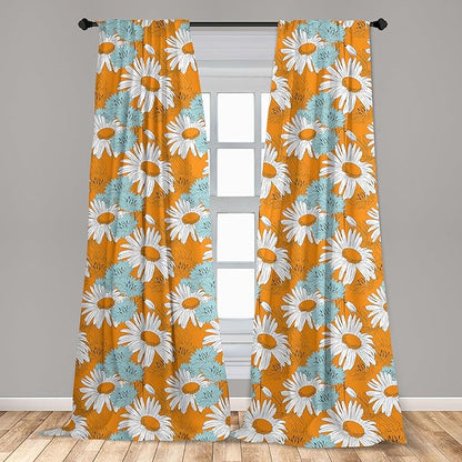 Ambesonne Orange Window Curtains, Blooming Spring Daisies on Orange Backdrop Romantic Feminine Petals, Lightweight Decorative Panels Set of 2 with Rod Pocket, Pair of - 28" x 63", Blue Orange