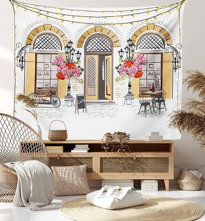 Lunarable Urban Tapestry King Size, European Coffee Shop at Paris Streets with Flowerbeds and Lanterns Romantic Print, Wall Hanging Bedspread Bed Cover Wall Decor, King Size, Beige Pink