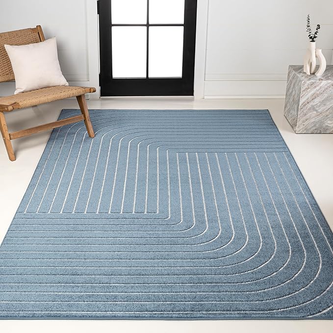 Eyely NCS101D-5 Odense High-Low Minimalist Angle Geometric Dark Blue/Cream 5 ft. x 8 ft. Indoor/Outdoor Area Rug, for Home, Backyard, Patio, Porch, Bedroom, Kitchen, Living Room