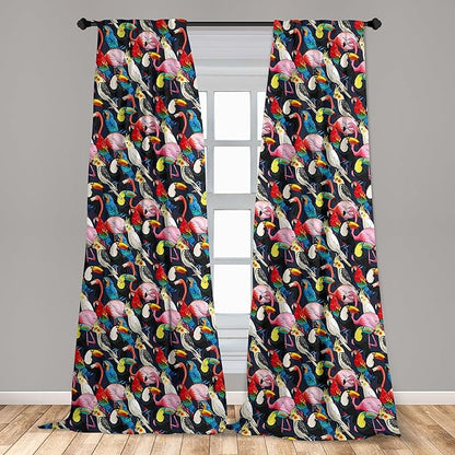 Ambesonne Animal 2 Panel Curtain Set, Colorful Exotic Birds Cockatoo Flamingo Macaw Parrot Toucan Tropic Wildlife Art, Window Treatment Living Room Bedroom Decor, Pair of - 28" x 63", Red Grey
