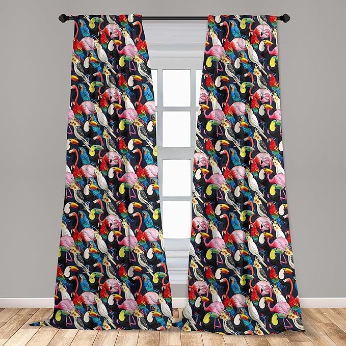 Ambesonne Animal 2 Panel Curtain Set, Colorful Exotic Birds Cockatoo Flamingo Macaw Parrot Toucan Tropic Wildlife Art, Window Treatment Living Room Bedroom Decor, Pair of - 28" x 95", Red Grey