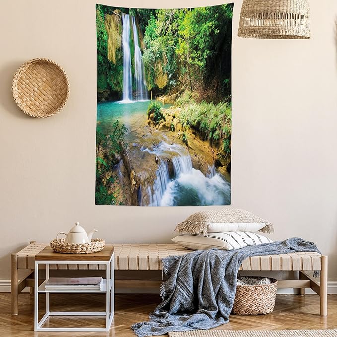 Lunarable Nature Tapestry King Size, Green Forest Waterfall and River Pool Pond Water Source Earth Landscape, Wall Hanging Bedspread Bed Cover Wall Decor, 23" X 28", Pale Brown and Green