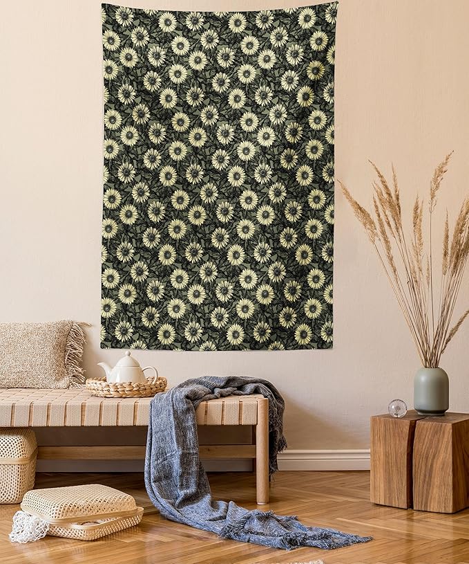 Lunarable Sunflower Tapestry Queen Size, Abstract Nature Inspired Illustration Bouquet Retro Composition, Wall Hanging Bedspread Bed Cover Wall Decor, Queen Size, Yellow Green