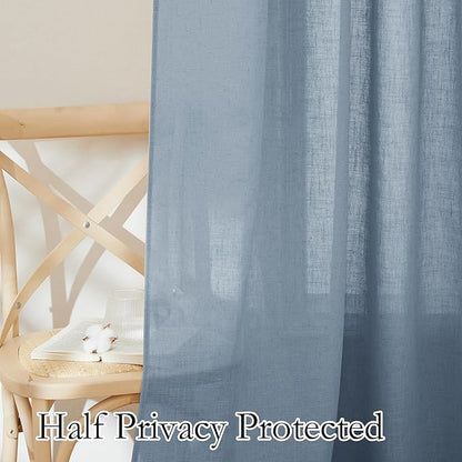RYB HOME Linen Texture Curtains for Short Window Treatments, Semi Transparent Breathable Fabric Lightweight for Kitchen Bathroom Bedroom, W 52 x L 36 inches, Dusty Blue, 2 Panels