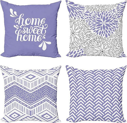 Ambesonne Geometric Throw Pillow Cushion Case Pack of 4, Home Phrase Minimal Zigzag Squama Dahlia Flower Petals Chevron Tribal, Modern Accent Double-Sided Digital Printing, 20", Lavender and White