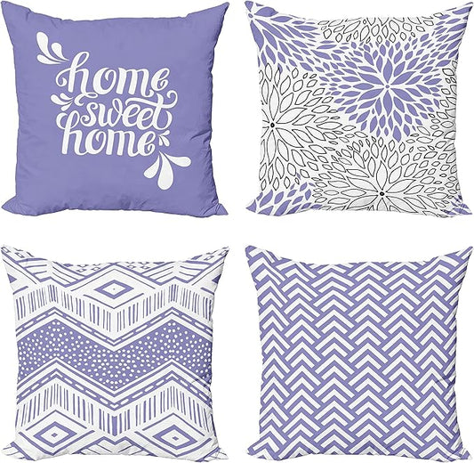 Ambesonne Geometric Throw Pillow Cushion Case Pack of 4, Home Phrase Minimal Zigzag Squama Dahlia Flower Petals Chevron Tribal, Modern Accent Double-Sided Digital Printing, 20", Lavender and White