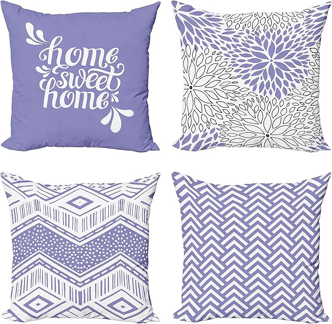 Ambesonne Geometric Throw Pillow Cushion Case Pack of 4, Home Phrase Minimal Zigzag Squama Dahlia Flower Petals Chevron Tribal, Modern Accent Double-Sided Digital Printing, 18", Lavender and White