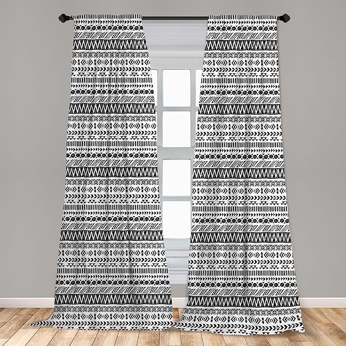 Ambesonne Striped Curtains, Trippy Mystic Aztec Culture Antique Aged Folk Old Bohemian Print, Window Treatments 2 Panel Set for Living Room Bedroom, Pair of - 28" x 63", White Black