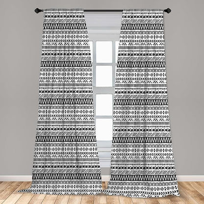 Ambesonne Striped Curtains, Trippy Mystic Aztec Culture Antique Aged Folk Old Bohemian Print, Window Treatments 2 Panel Set for Living Room Bedroom, Pair of - 28" x 84", White Black