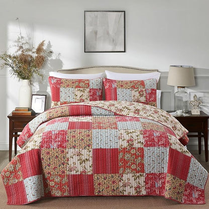 Secgo King Size Comforter Set- 100% Cotton Quilt King Size Set, Green, Sage bedspreads (96 * 108 Inch) with 2 Pillow Shams, Patchwork Reversible Lightweight Bedding