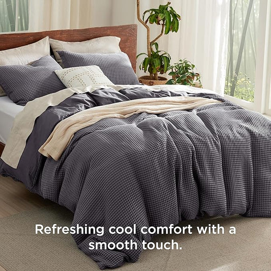 Bedsure Cooling Waffle Duvet Cover Queen - Cotton Blend Rayon Derived from Bamboo Duvet Cover Set for Hot Sleepers, Breathable Bedding Set with a Vintage Charm, 3 Pieces (Charcoal, Queen, 90"x90")