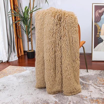 Tuddrom Decorative Extra Soft Faux Fur Blanket Twin Size,Solid Reversible Fuzzy Lightweight Long Hair Shaggy Blanket,Fluffy Plush Fleece Comfy Microfiber Throw Blanket for Couch Sofa Bed,Camel