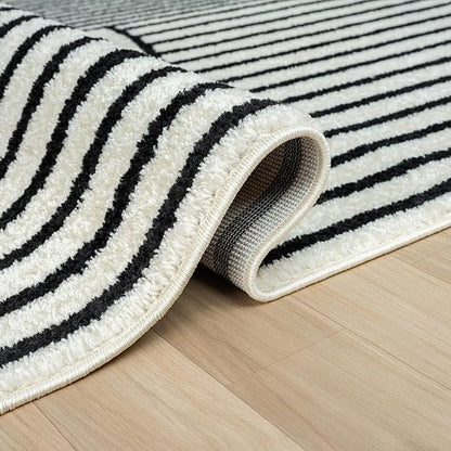 Abani Nuevo Collection Area Rug - Mid-Century Black and White Arch Knot Design - 6' Round - for Living Room, Bedroom & Office