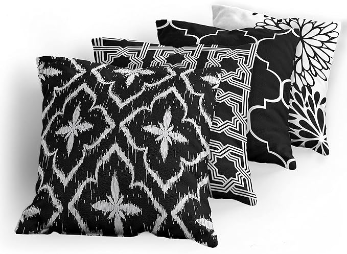 Ambesonne Vintage Throw Pillow Cushion Case Pack of 4, Monochrome Design Grid Trellis Quatrefoil Mesh and Dahlia Flowers Modern, Modern Accent Double-Sided Digital Printing, 20", Charcoal Grey White