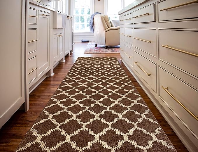Custom Size Cut to Length Moroccan Trellis Design Runner Rug Mat For Wide Long Hallways with Non-Slip Rubber Backing, Better Traction for Pets, Prevent Slippage, Trellis Brown, 31 inch X 10 feet
