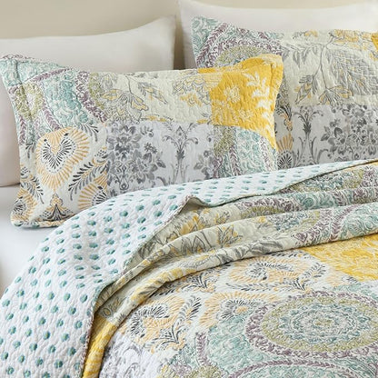 Secgo Queen Comforter Set for Bed - 100% Cotton Quilts Queen Size, Black Bedspreads (90 * 98 Inch) with 2 Pillow Shams, Patchwork Reversible Lightweight Bedding