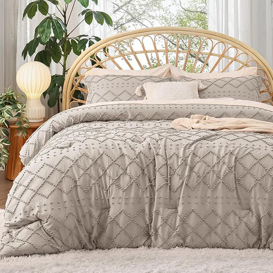 Bedsure Queen Comforter Set - Linen Comforter, Boho Tufted Shabby Chic Bedding for Kids, 3 Pieces Vintage Farmhouse Bed Set for All Seasons, Fluffy Soft Bedding with 2 Pillow Shams