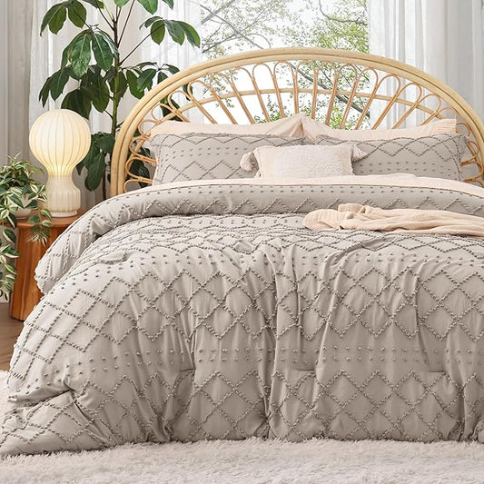 Bedsure King Comforter Set - Linen Comforter, Boho Tufted Shabby Chic Bedding for Kids, 3 Pieces Vintage Farmhouse Bed Set for All Seasons, Fluffy Soft Bedding with 2 Pillow Shams