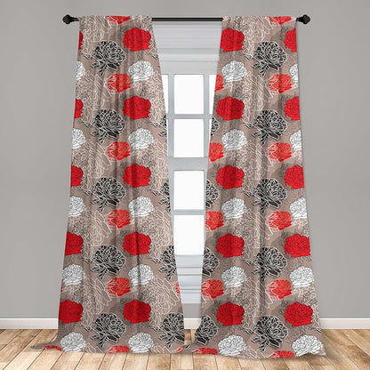 Ambesonne Floral Curtains, Blossoming Peonies Vintage Botanical Composition Abstract Petals and Buds, Window Treatments 2 Panel Set for Living Room Bedroom, Pair of - 28" x 95", Red Grey