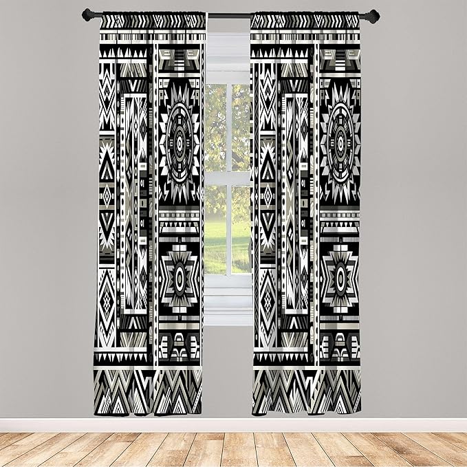 Ambesonne Southwestern Window Curtains Pack of 2, Monochrome Colors Design with Zigzags Arrows and Cultural Motifs, Lightweight Set with Rod Pocket, 4 Panels of - 28" x 63", Charcoal Grey Pale Sepia