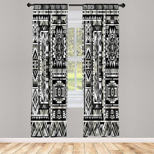 Ambesonne Southwestern Window Curtains, Monochrome Colors Design with Zigzags Arrows and Cultural Motifs, Lightweight Decor 2-Panel Set with Rod Pocket, Pair of - 28" x 63", Charcoal Grey Pale Sepia