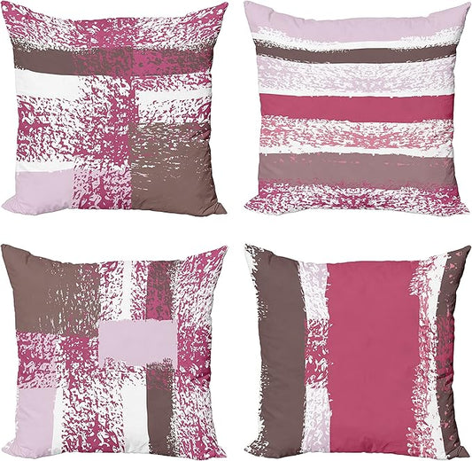 Ambesonne Grunge Throw Pillow Cushion Case Pack of 4, Abstract Design Simplistic Minimal Stripes Brushstrokes Contemporary, Modern Accent Double-Sided Digital Printing, 18", Pink Purpleblue Grey Pink