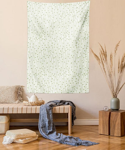 Lunarable Green and Beige Tapestry Queen Size, Green Leaves on Skinny Tangled Sprigs Fresh Nature Theme Foliage, Wall Hanging Bedspread Bed Cover Wall Decor, Queen Size, Pistachio Green