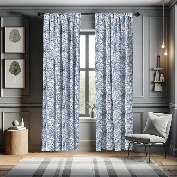 Ambesonne Rose Window Curtains, Vintage Design of Monochromatic Flowers with Leaves Drawing, Lightweight Decorative Panels Set of 2 with Rod Pocket, Pair of - 28" x 95", Pale Blue