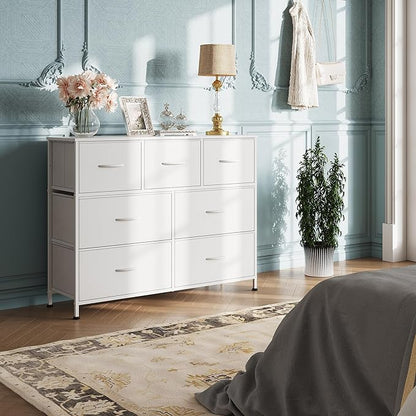 WLIVE 7 Drawer Dresser TV Stand, Dressers for Bedroom, Fabric Storage Tower, Hallway, Entryway, Closets, Sturdy Steel Frame, Wood Top, Easy Pull Handle, White