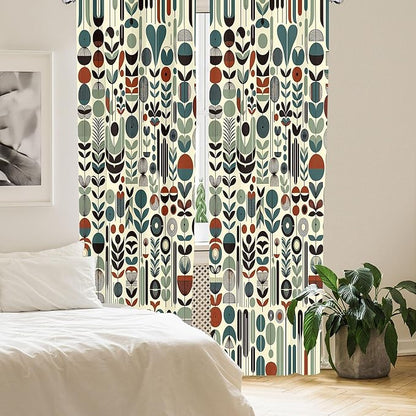 Ambesonne Leafy Art Curtains, Scandinavian Leaves Pattern with Geometric Roundy Modern Boho Print, Window Treatments 2 Panel Set for Living Room Bedroom, Pair of - 28" x 95", Pale Green Redwood Teal