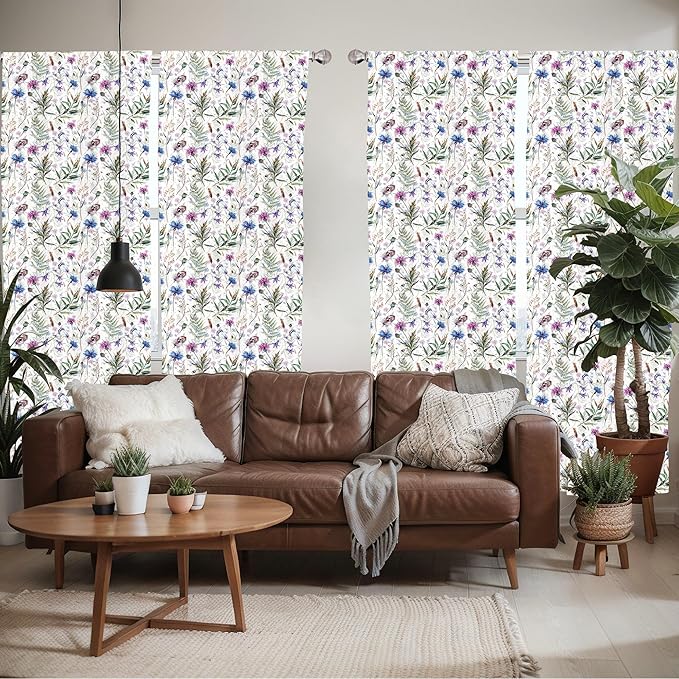 Ambesonne Thistle Window Curtains Pack of 2, Hand-Drawn Watercolor Style Summer Wildflowers Pattern as Cornflower and Thistle, Lightweight Set with Rod Pocket, 4 Panels of - 28" x 63", Green Blue