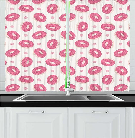Lunarable Donut Kitchen Curtains, Continuous Kawaii Style Cartoon Smiling Bakery Food Dessert with Sprinkles, Window Drapes 2 Panel Set for Kitchen Cafe Decor, 55" x 30", Pink Pale Eggshell