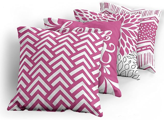 Ambesonne Geometric Throw Pillow Cushion Case Pack of 4, Home Phrase Minimal Zigzag Squama Dahlia Flowers Chevron Tribal, Modern Accent Double-Sided Digital Printing, 20", Pink White and Charcoal Grey