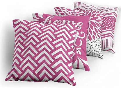 Ambesonne Geometric Throw Pillow Cushion Case Pack of 4, Home Phrase Minimal Zigzag Squama Dahlia Flowers Chevron Tribal, Modern Accent Double-Sided Digital Printing, 20", Pink White and Charcoal Grey