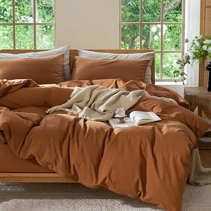 MooMee Bedding Duvet Cover Set 100% Washed Cotton Linen Like Textured Breathable Durable Soft Comfy (Solid Dark Orange, Alaska King 132"x120")