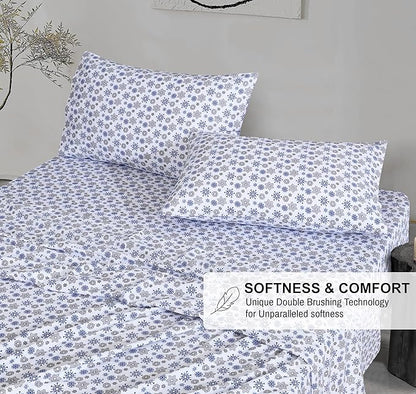 RUVANTI Flannel Sheets Full Size - 100% Cotton Double Brushed Bed Sheets Set, Deep Pockets 16 Inches, All Seasons Breathable & Extra Soft Full Sheets, Warm & Cozy, 4 Piece, Snow Flake Grey