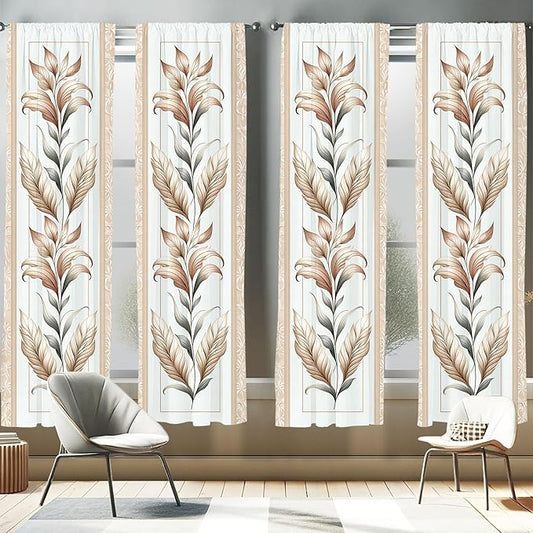 Ambesonne Vintage Window Curtains Pack of 2, Nostalgic and Botanical Concept Leaf Design with Antique Looking Motifs, Lightweight Set with Rod Pocket, 4 Panels of - 28" x 63", Ecru Pale Brown Green