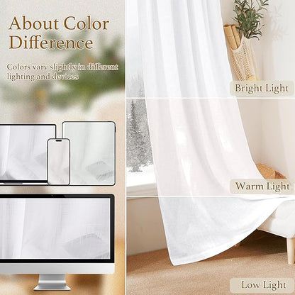 RYB HOME White Sheer Curtains for Kitchen, Light Filtering Textured Short Durability Drapes for Small Window, Curtain Tiers for Bathroom, W 42 x L 45 inches, 2 Panels Set