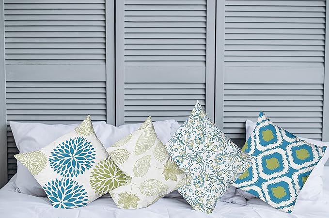 Ambesonne Vintage Throw Pillow Cushion Case Pack of 4, Bohemian Ornamental Leaves Dahlia Pattern Geometric Art Curlicue Motif, Modern Accent Double-Sided Digital Printing, 16", Blue Olive Green White
