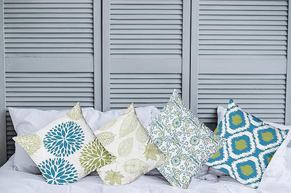 Ambesonne Vintage Throw Pillow Cushion Case Pack of 4, Bohemian Ornamental Leaves Dahlia Pattern Geometric Art Curlicue Motif, Modern Accent Double-Sided Digital Printing, 16", Blue Olive Green White