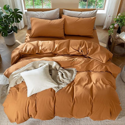 MooMee Bedding Duvet Cover Set 100% Washed Cotton Linen Like Textured Breathable Durable Soft Comfy (Solid Burnt Orange, Palatial King/Oversized King 120"x98")