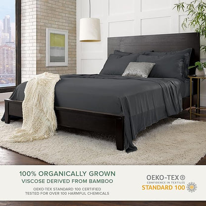 Queen Sheets by Pure Bamboo, Genuine 100% Organic Viscose Derived from Bamboo Bed Sheet Set, Luxuriously Soft & Cooling, Double Stitching, Lifetime Quality Promise (Queen, Charcoal)