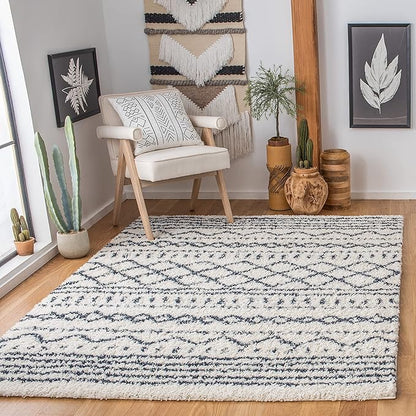 SAFAVIEH Arizona Shag Collection Area Rug - 5'1" x 7'6", Ivory & Slate, Moroccan Design, Non-Shedding & Easy Care, 1.6-inch Thick Ideal for High Traffic Areas in Living Room, Bedroom (ASG741M)