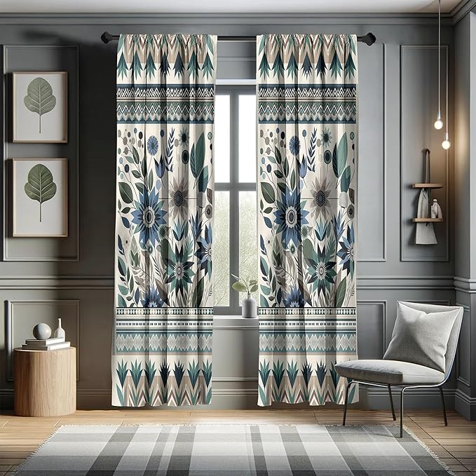 Ambesonne Art Floral Window Curtains Pack of 2, Gentle Flowers and Leaves of Spring Garden with Ethnic Boho Details, Lightweight Set with Rod Pocket, 4 Panels of - 28" x 84", Eggshell Laurel Green