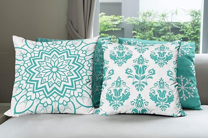 Ambesonne Retro Throw Pillow Cushion Case Pack of 4, Trellis Grid Medieval Floral Damask Mandala Flower Ornament in Modern Monochrome, Modern Accent Double-Sided Digital Printing, 20", Dark Seafoam