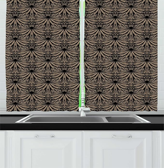Lunarable Vintage Long Kitchen Curtains, Art Deco Inspired Pattern with Leafy Details Classic Antique Layout, 2 Panel Set Drapes with Rod Pocket Room Decor, 55" x 45", Charcoal Grey and Ecru