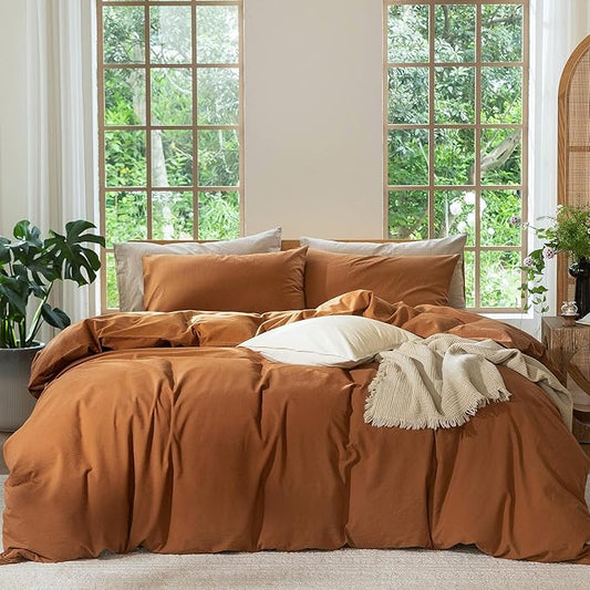 MooMee Bedding Duvet Cover Set 100% Washed Cotton Linen Like Textured Breathable Durable Soft Comfy (Solid Dark Orange, Alaska King 132"x120")