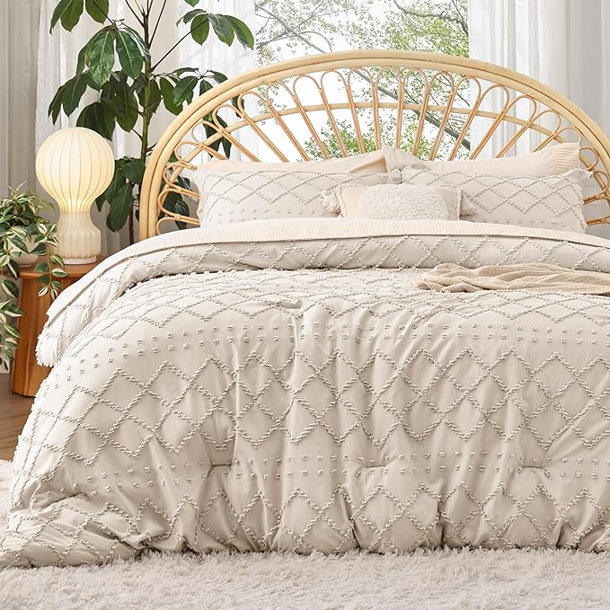 Bedsure Full Comforter Set - Beige Comforter, Boho Tufted Shabby Chic Bedding for Kids, 3 Pieces Vintage Farmhouse Bed Set for All Seasons, Fluffy Soft Bedding with 2 Pillow Shams