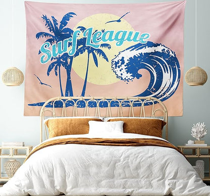Lunarable Vintage Hawaii Tapestry, Surf League Lettering with Wave Tropical Trees and Birds Silhouettes Print, Fabric Wall Hanging Decor for Bedroom Living Room Dorm, 45" X 30", Pink Blue