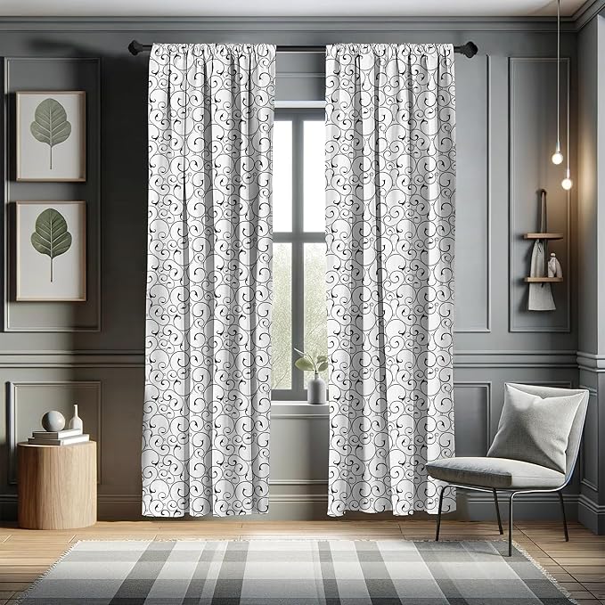 Ambesonne Black and White Curtains, Vintage Swirls Pattern with Monochrome Ornamental Old-Fashioned Design, Window Treatments 2 Panel Set for Living Room Bedroom, Pair of - 28" x 95", Black White